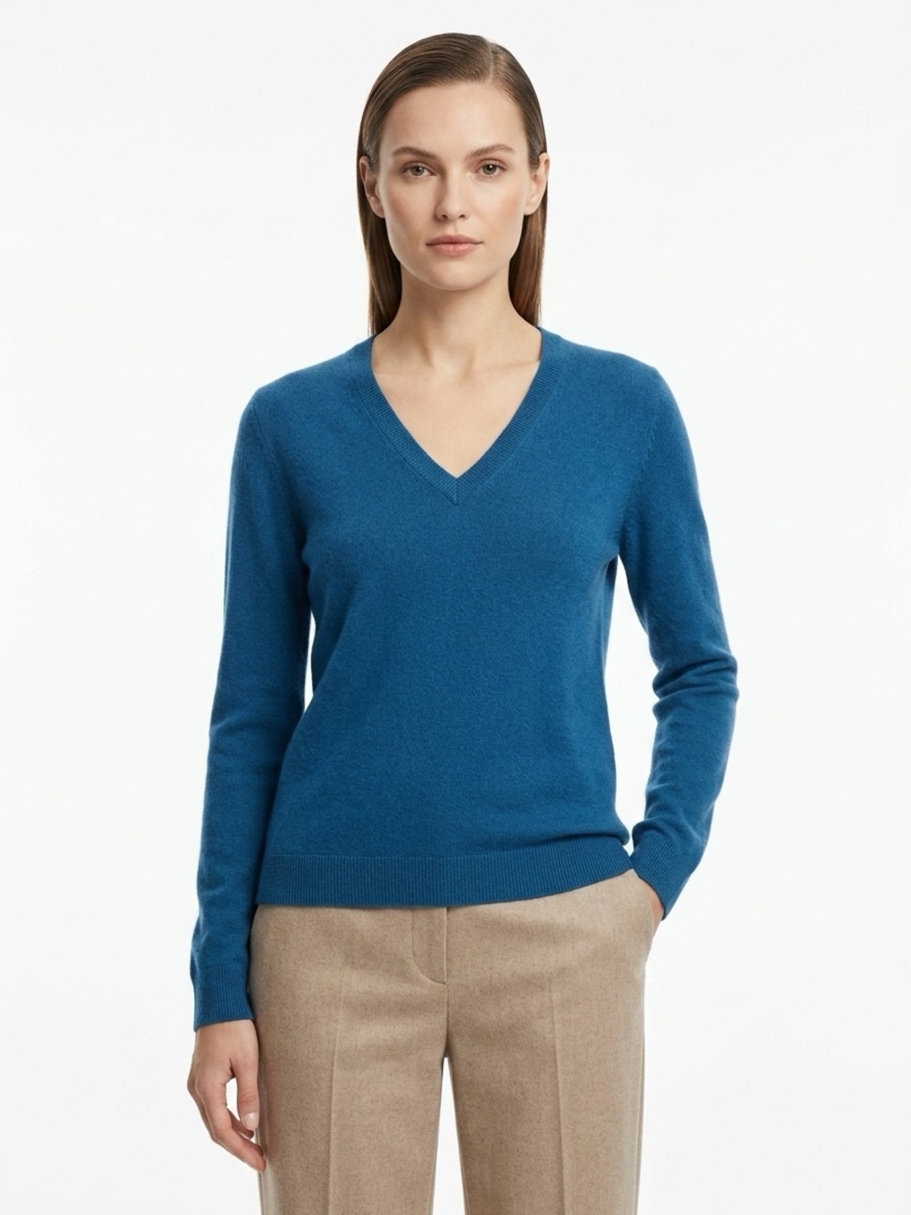 Nordstrom V-Neck Sweater Ribbed Trim 100% Cashmere Blue L